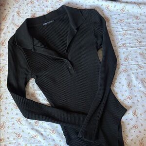 Zara Black Ribbed Long-Sleeve Polo Bodysuit